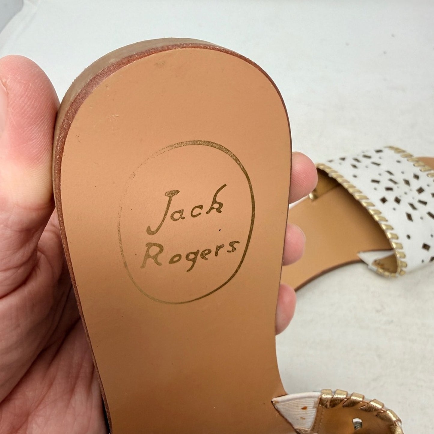 Jack Rogers Slip On Sandals White Gold Whipstitch Flats Size 8 Preppy‎ Coastal