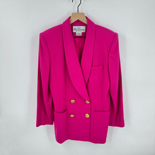 Vintage Oleg Cassini Hot Pink Wool Blazer Gold Buttons Power Suit Size 12
