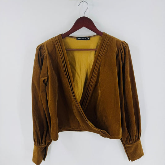 Karen Millen Mustard Brown Corduroy Wrap Puff Sleeve Top Size M Goblin Earthy