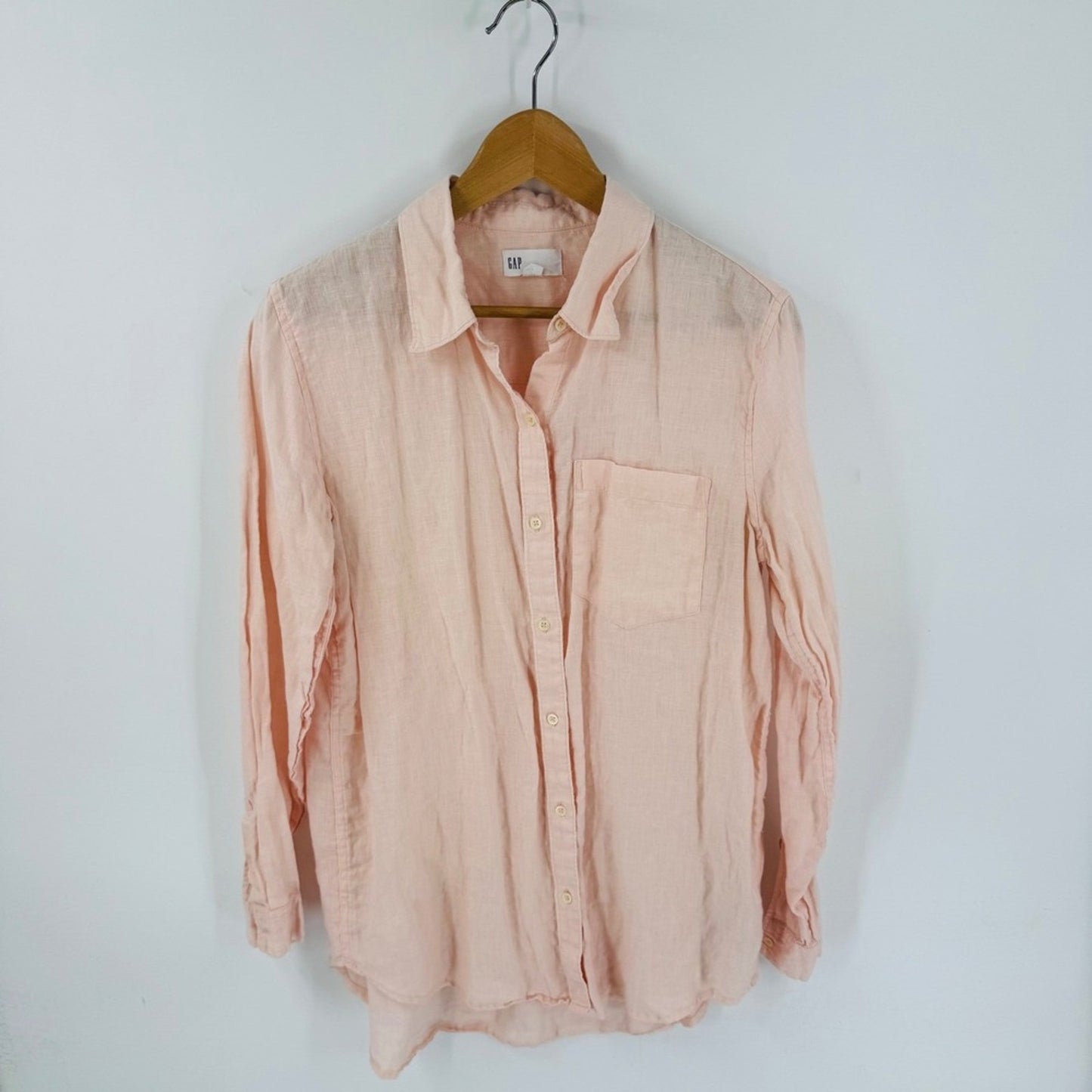 Gap Boyfriend Fit Linen Button Down Shirt Peach Long Sleeve Pocket Size M