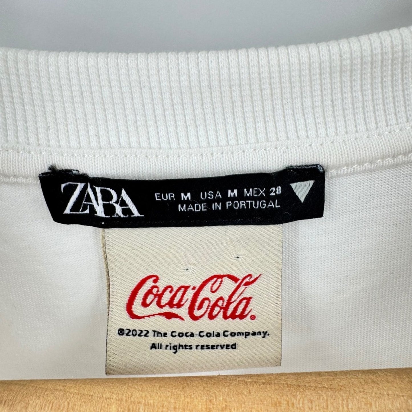 Zara Coca-Cola Striped T-Shirt White Blue Medium Retro Graphic Tee Short Sleeve