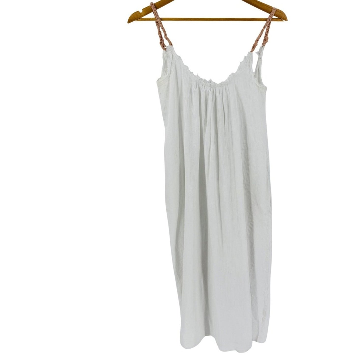 Barine White Gauze Cotton Pink Rope Strap Midi Dress Size L Beachy Boho Natural