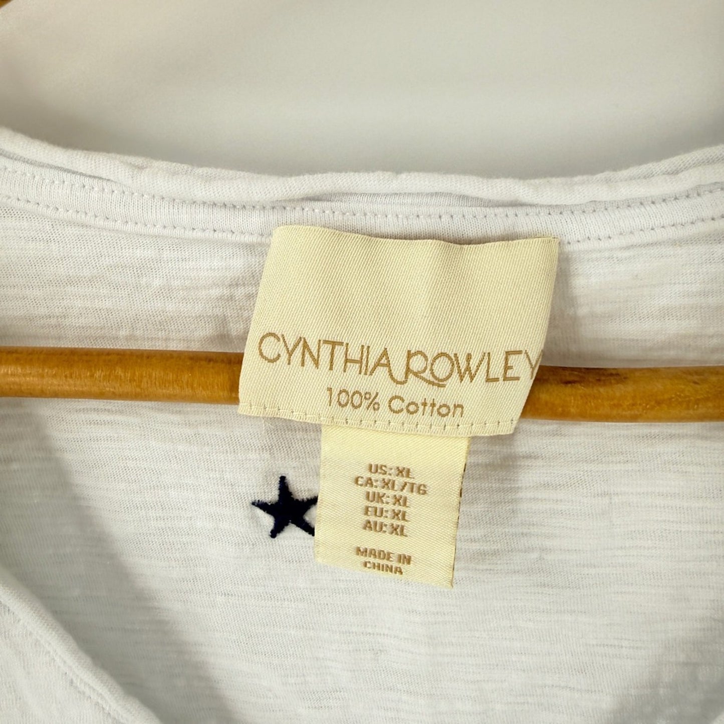 Cynthia Rowley Embroidered Star Print Pocket Tee White XL Patriotic Coastal
