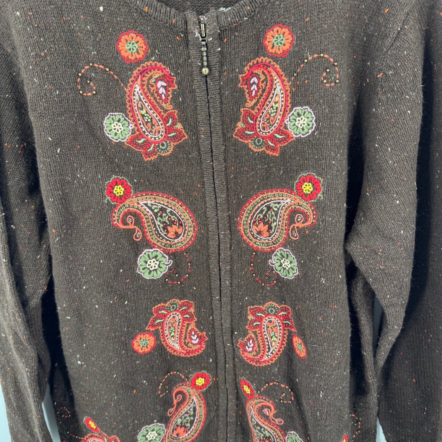 Vintage Croft & Barrow Embroidered Paisley Zip Cardigan Brown Sweater Size XL