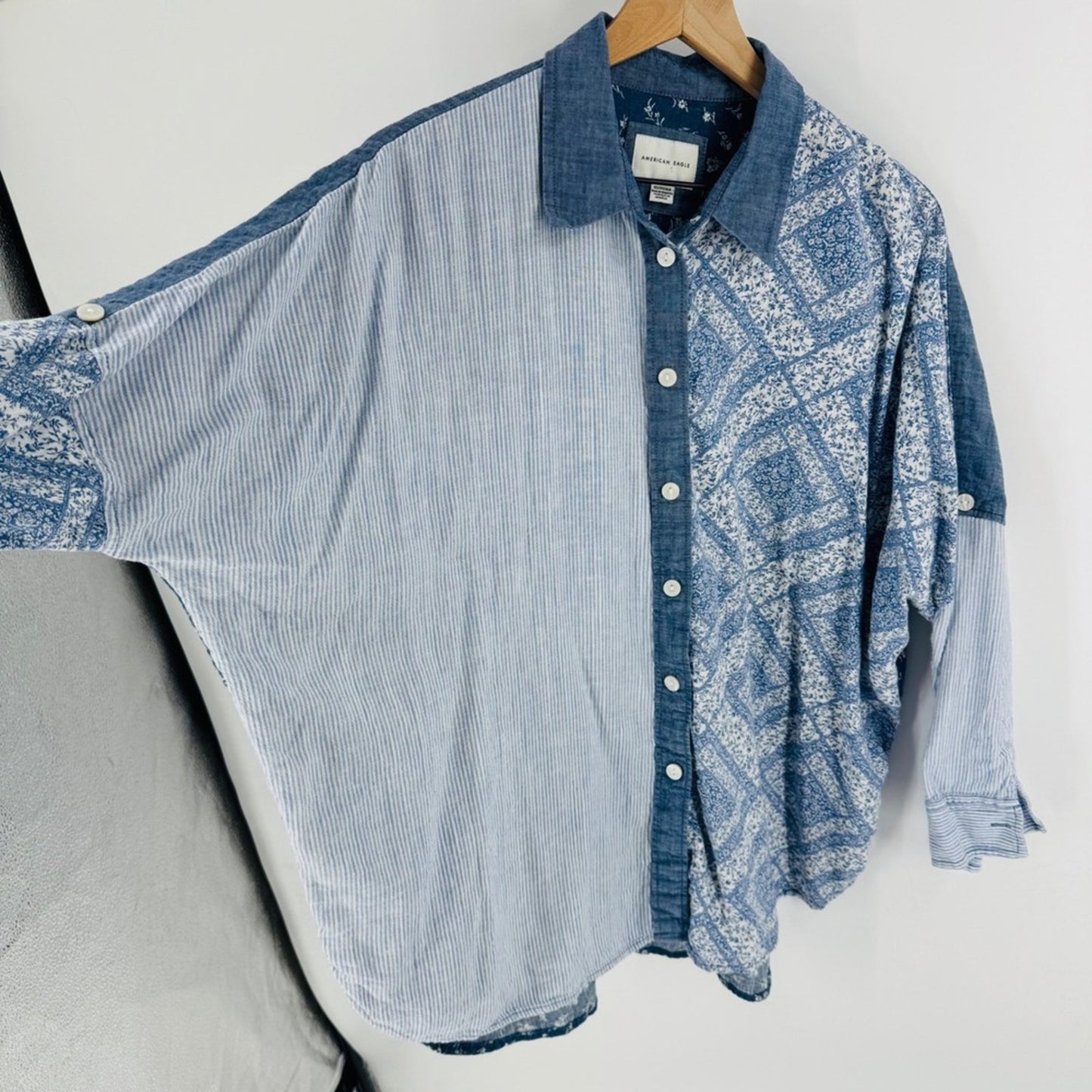 American Eagle Patchwork Linen Blend  Shirt Size XS Oversized Coastal Cowgirl
