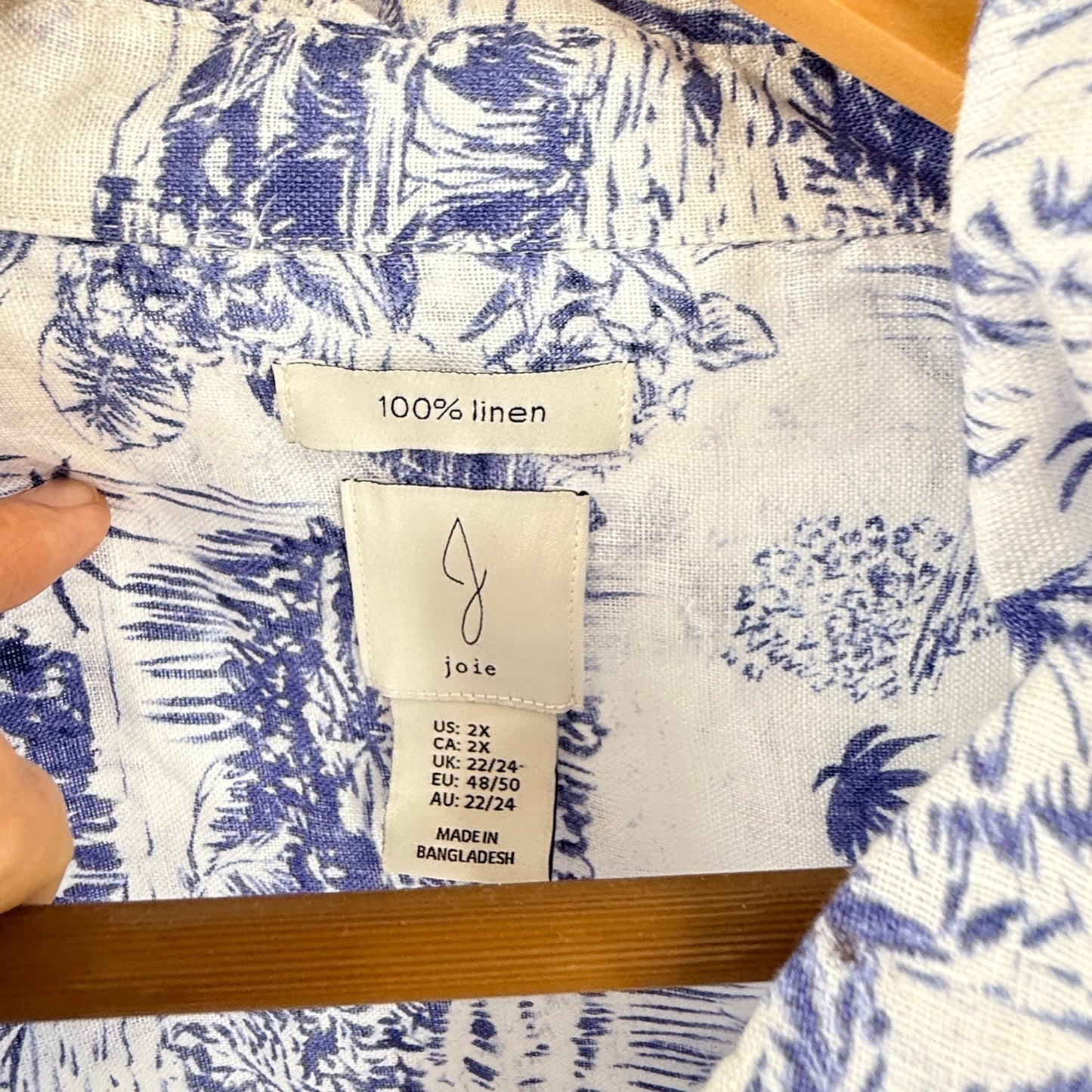 Joie 100% Linen Button Down Shirt Blue White Tropical Print 2X Coastal