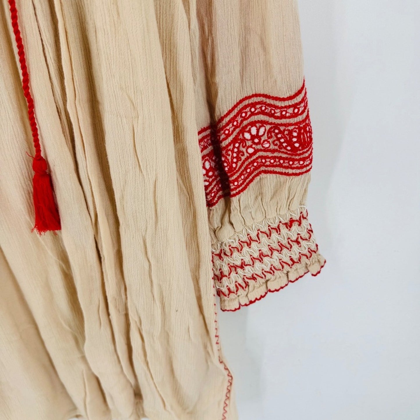 Free‎ People Wind Willow Mini Dress Embroidered Tassel Peasant Cream Red Size M
