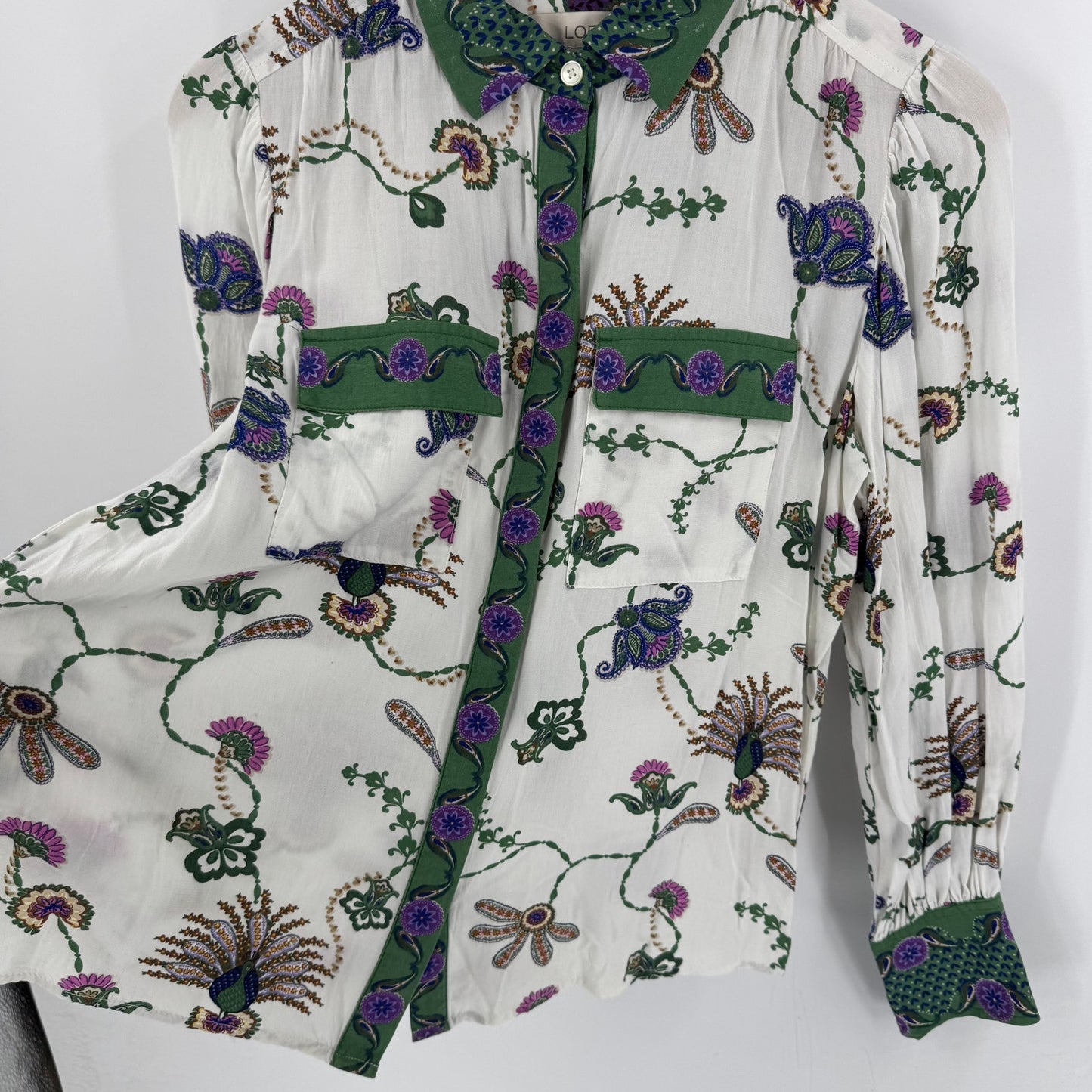 LOFT Floral Festival Artsy Button Front Blouse Green Purple Boho Top XS Peacock