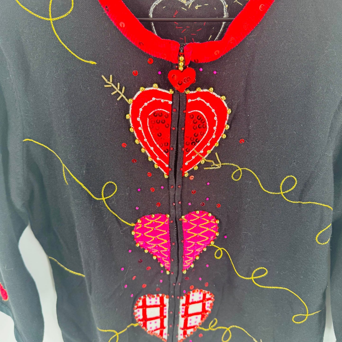Vintage Jack B Quick Embellished Cardigan Heart Zip Black Red Sweater Size M