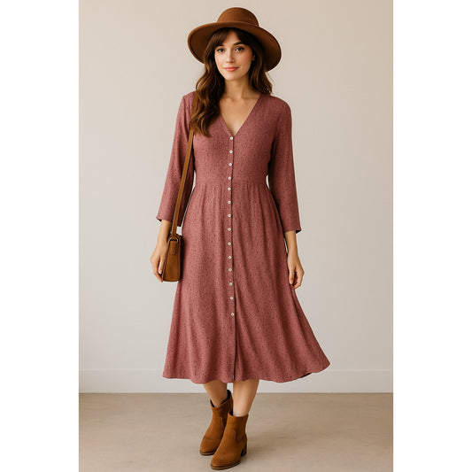 Vintage French Connection Button Front Midi Dress Mauve Ditsy Floral Boho 90s Size 11/12