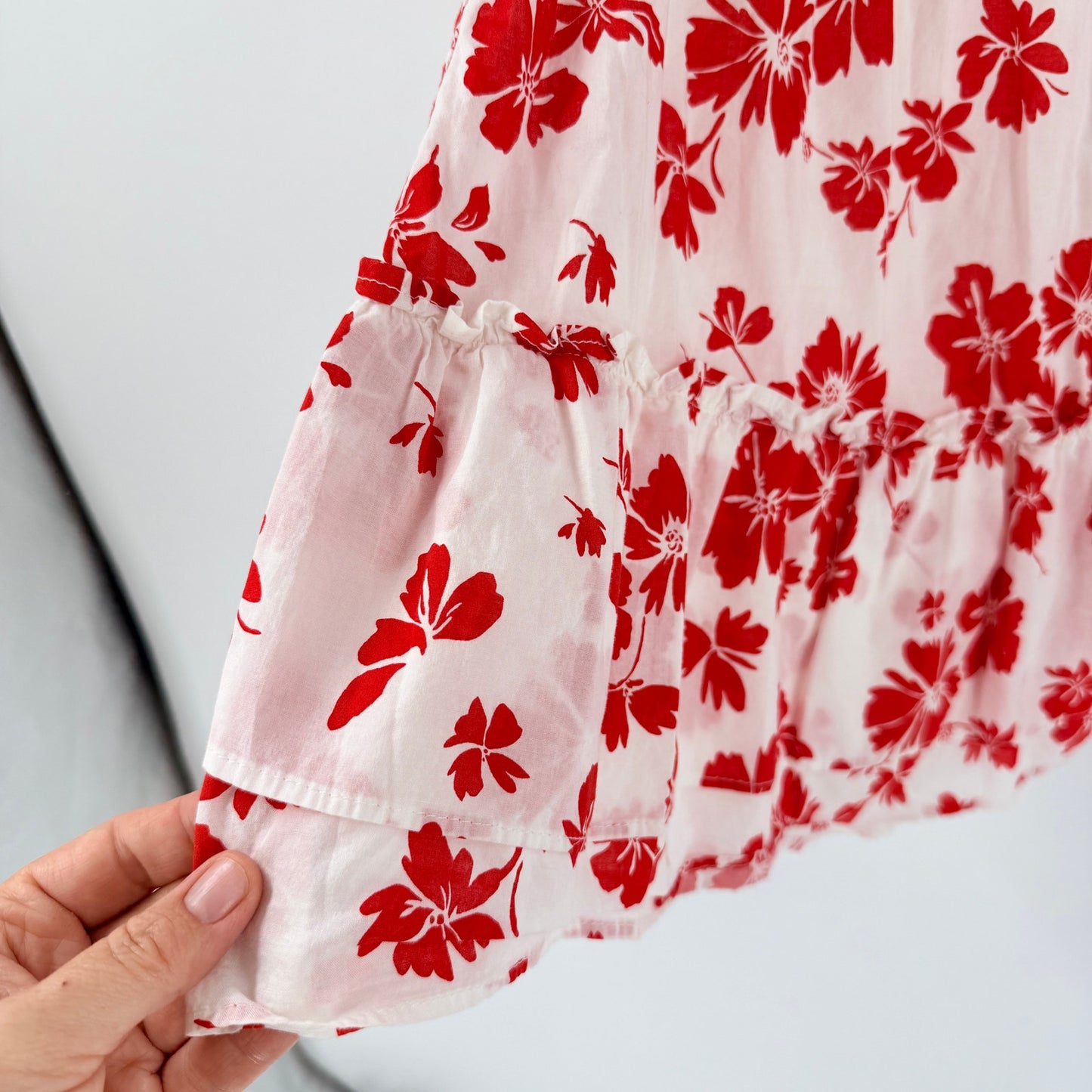 J. Crew Factory Floral Mini Skirt Red White Large Ruffle Hem Summer Coastal