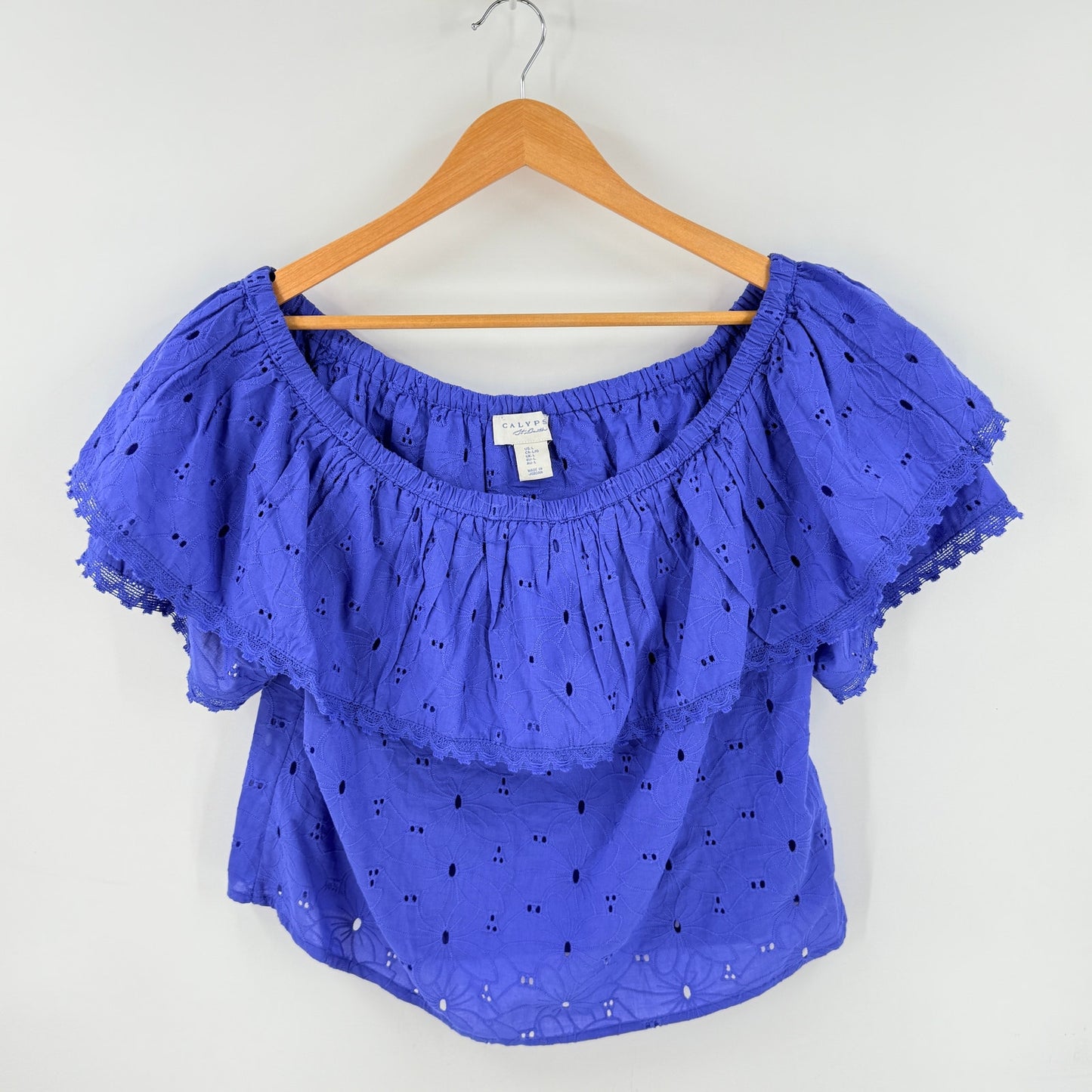Calypso St. Barth Eyelet Off Shoulder Top Blue Size Large Boho Coastal