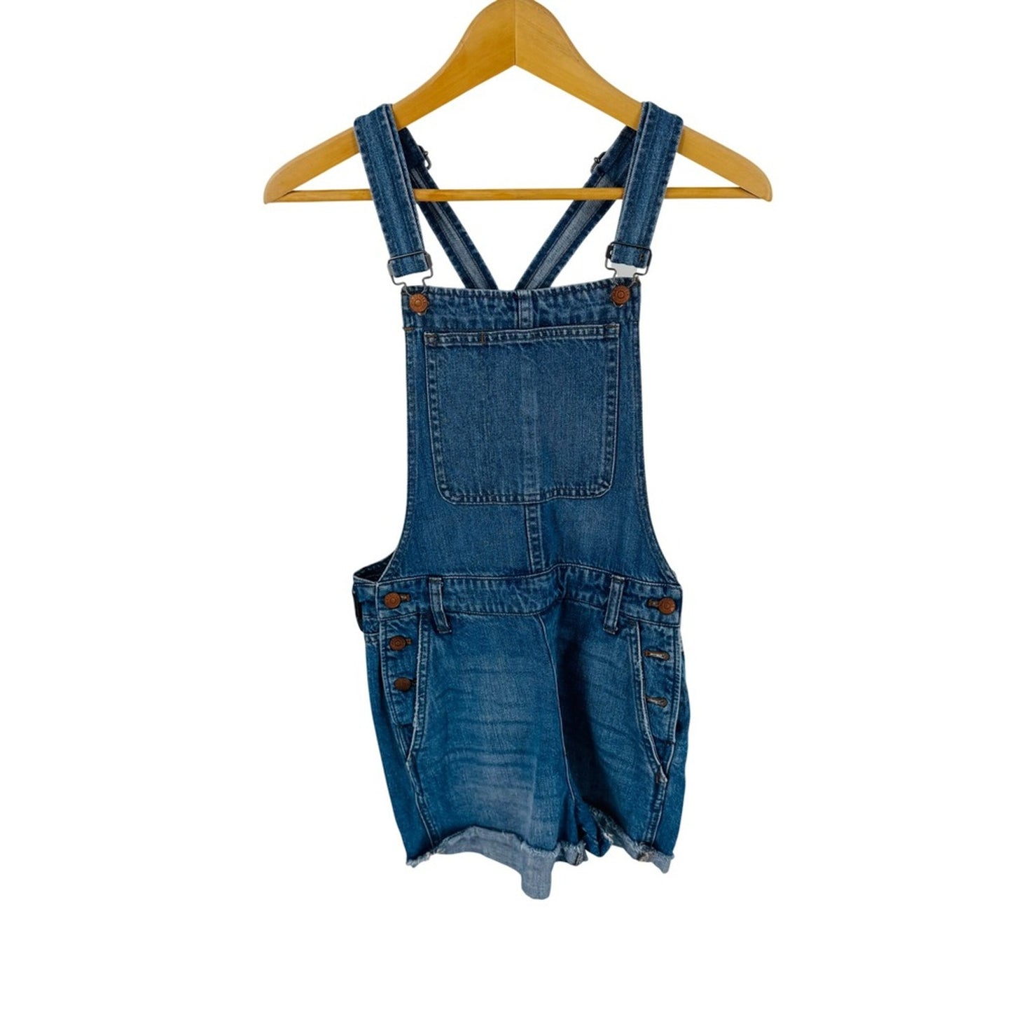 Madewell Medium Wash Denim Short Overalls Size S Raw Hem Coastal Summer Festival