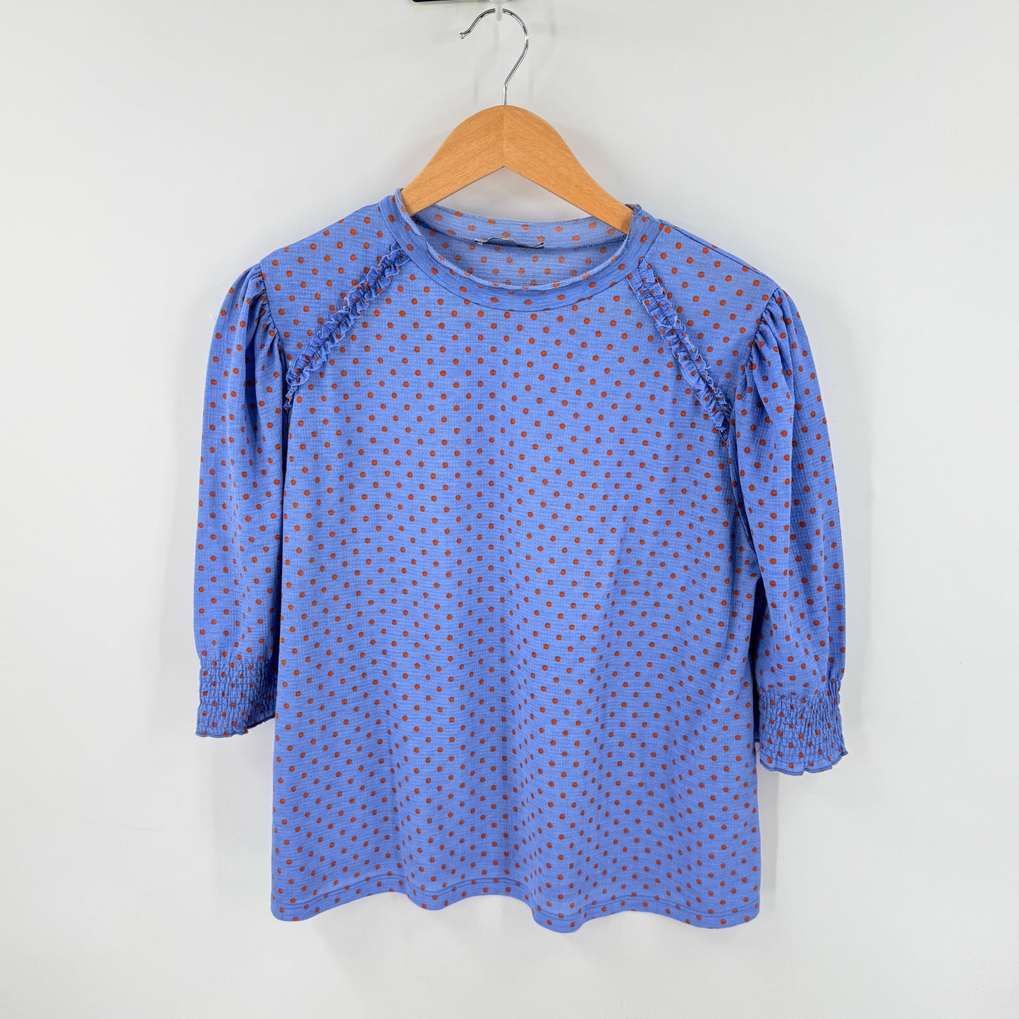 Zara Polka Dot Blouse Blue Red Medium Puff Sleeve Cottage Coastal