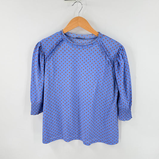 Zara Polka Dot Blouse Blue Red Medium Puff Sleeve Cottage Coastal