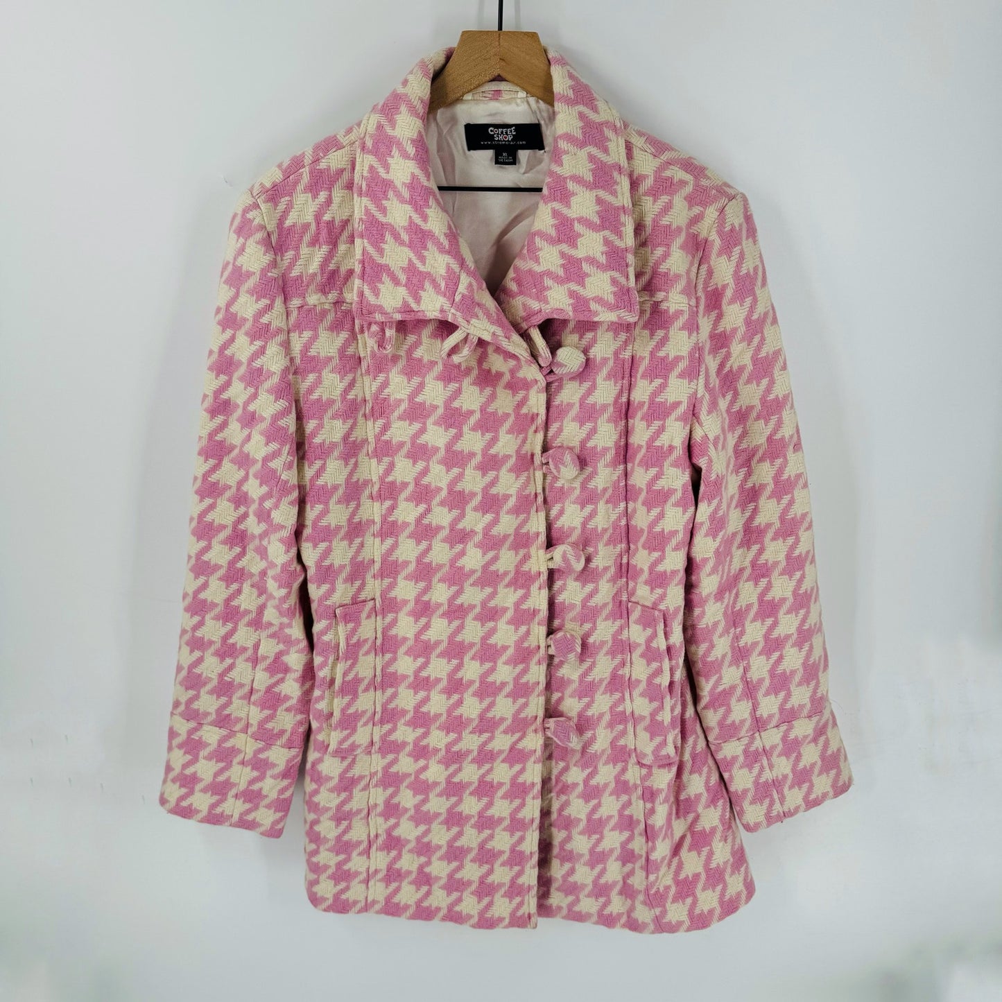 Coffee Shop Pink Cream Houndstooth Wool Blend Coat Off Center Buttons Size XL