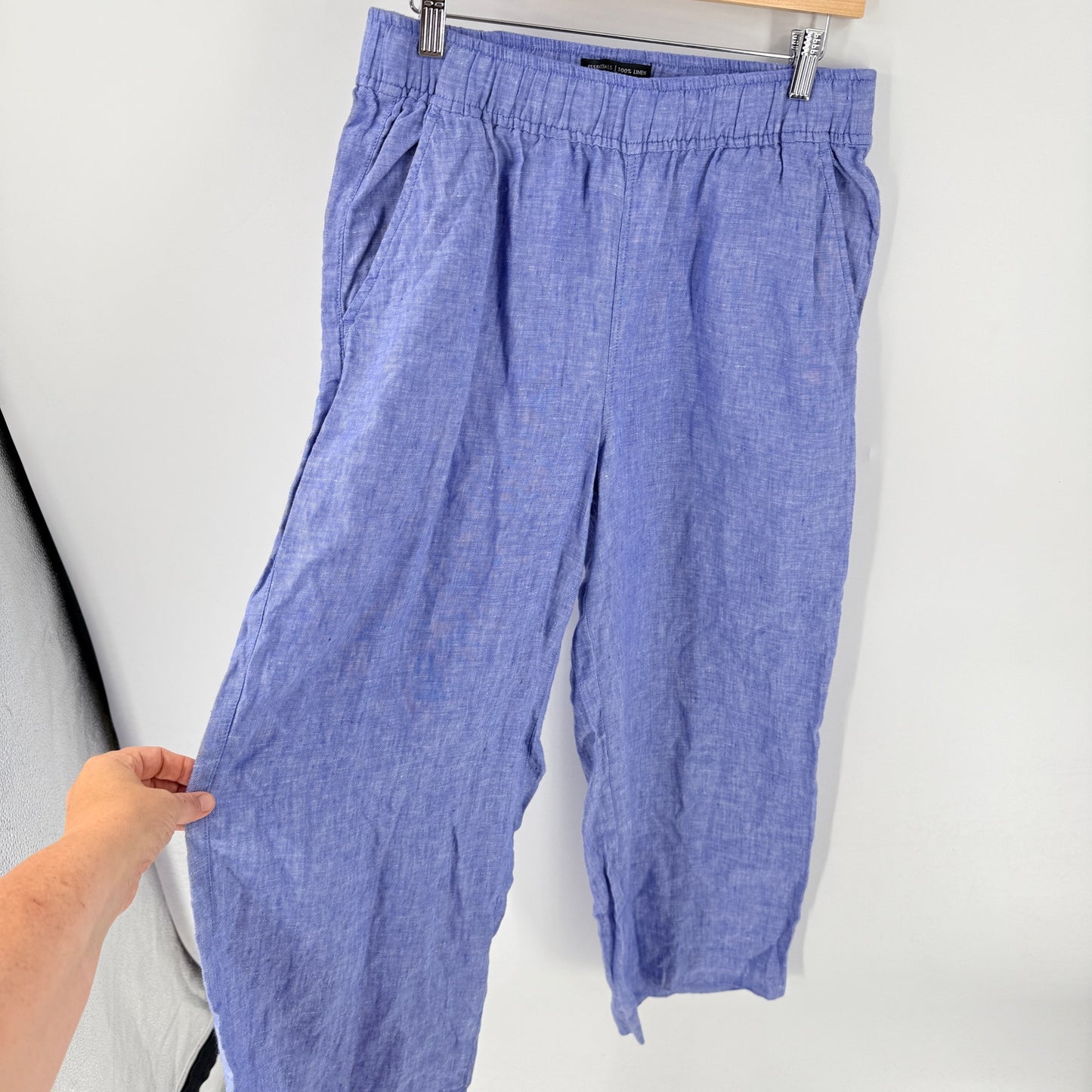 Tahari 100% Linen Wide Leg Pants Blue Medium Coastal Summer Pull On