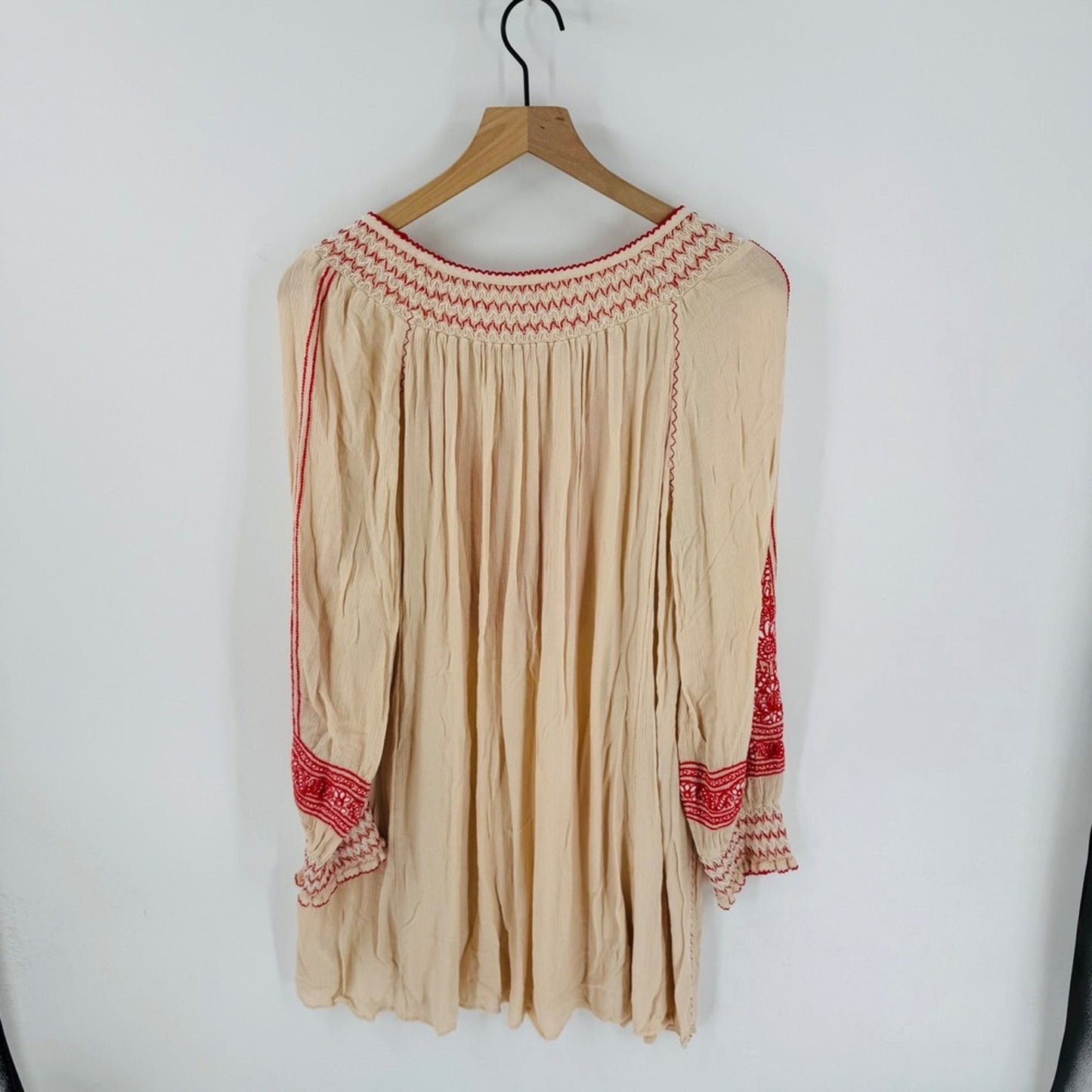 Free‎ People Wind Willow Mini Dress Embroidered Tassel Peasant Cream Red Size M