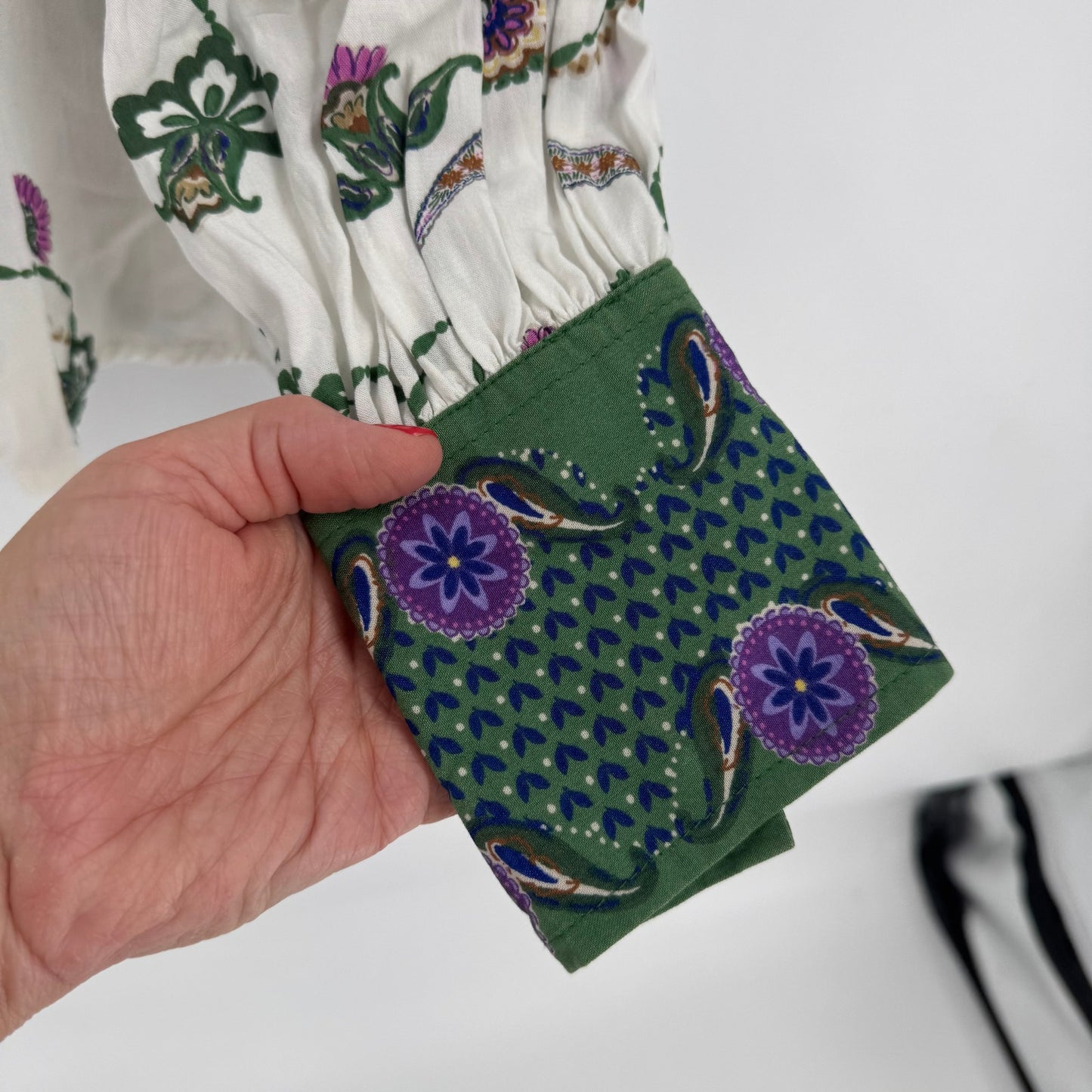 LOFT Floral Festival Artsy Button Front Blouse Green Purple Boho Top XS Peacock