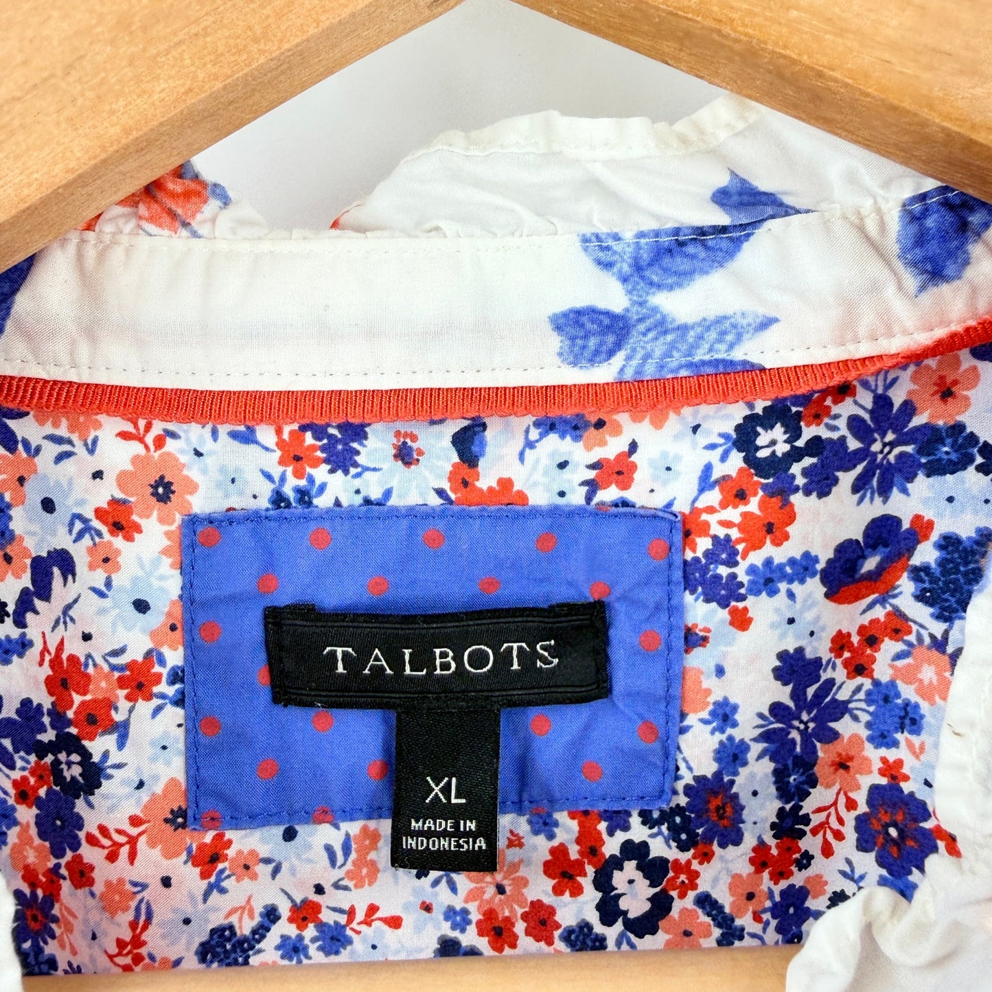 Talbots Floral Button Down Shirt White Blue Red XL Coastal Americana