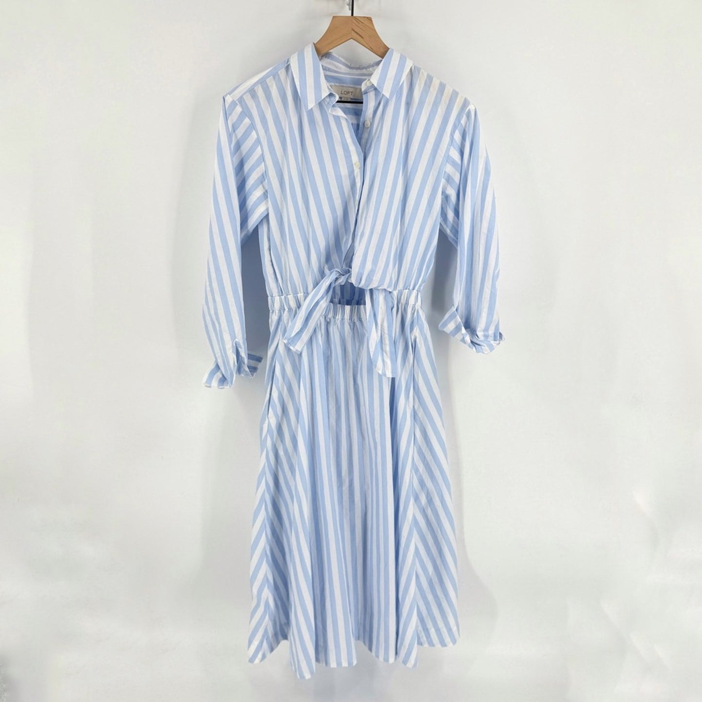 LOFT Powder Blue White Striped Shirt Midi Dress Open Front Size 4 Coastal Preppy