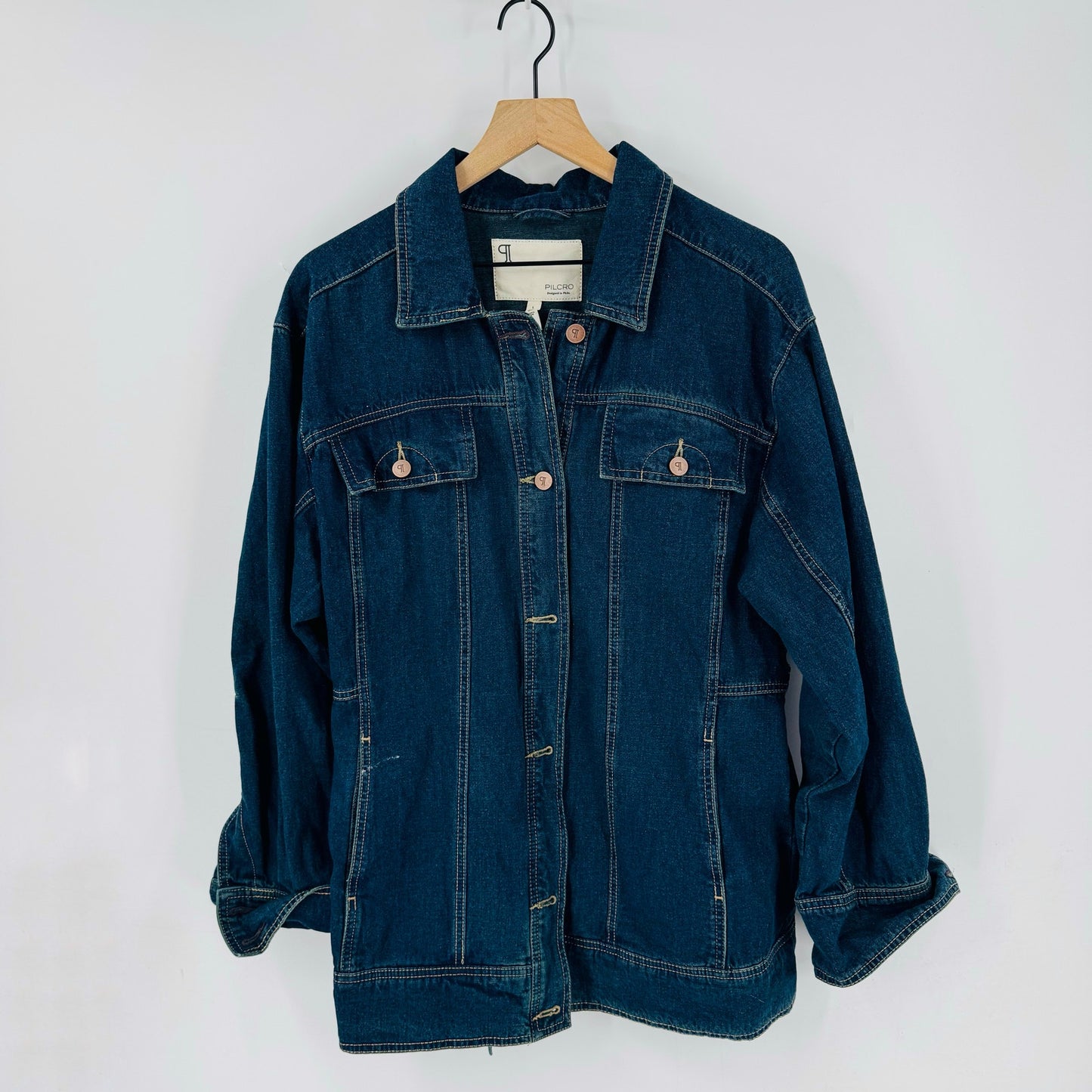 Pilcro Longline Denim Jacket Belted Waist Dark Blue Cotton Linen Blend Size L