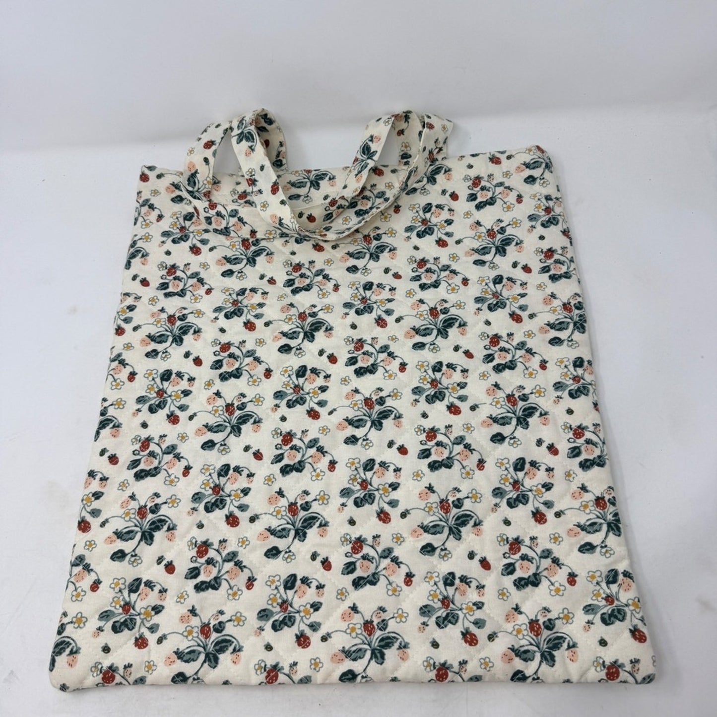 Creative Co-op Strawberry Floral Quilted Cotton Tote Bag Cream Red Green
