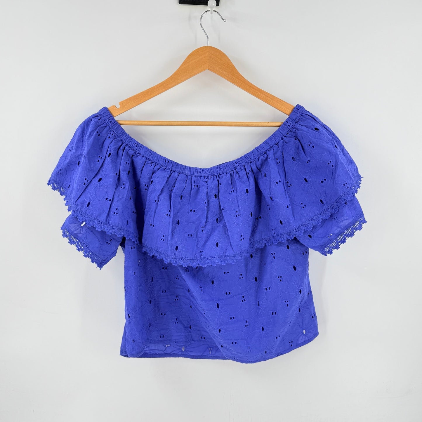 Calypso St. Barth Eyelet Off Shoulder Top Blue Size Large Boho Coastal