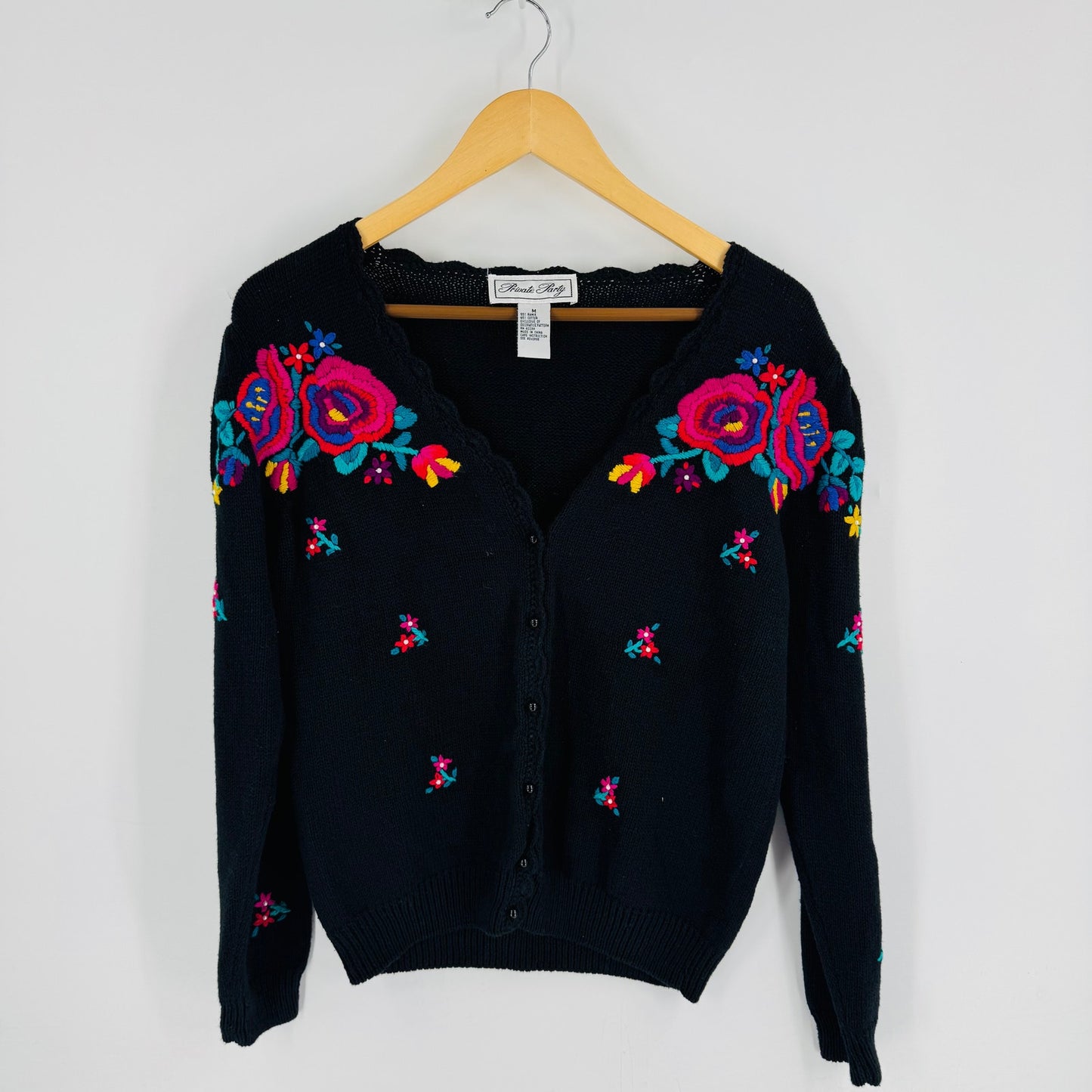 Private Party Vintage Black Embroidered Floral Cardigan Rame Cotton Knit M