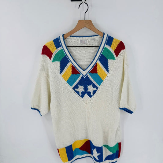Vintage Novelty‎ Nautical Coastal Heritage Short Sleeve Sweater Sailor Size L