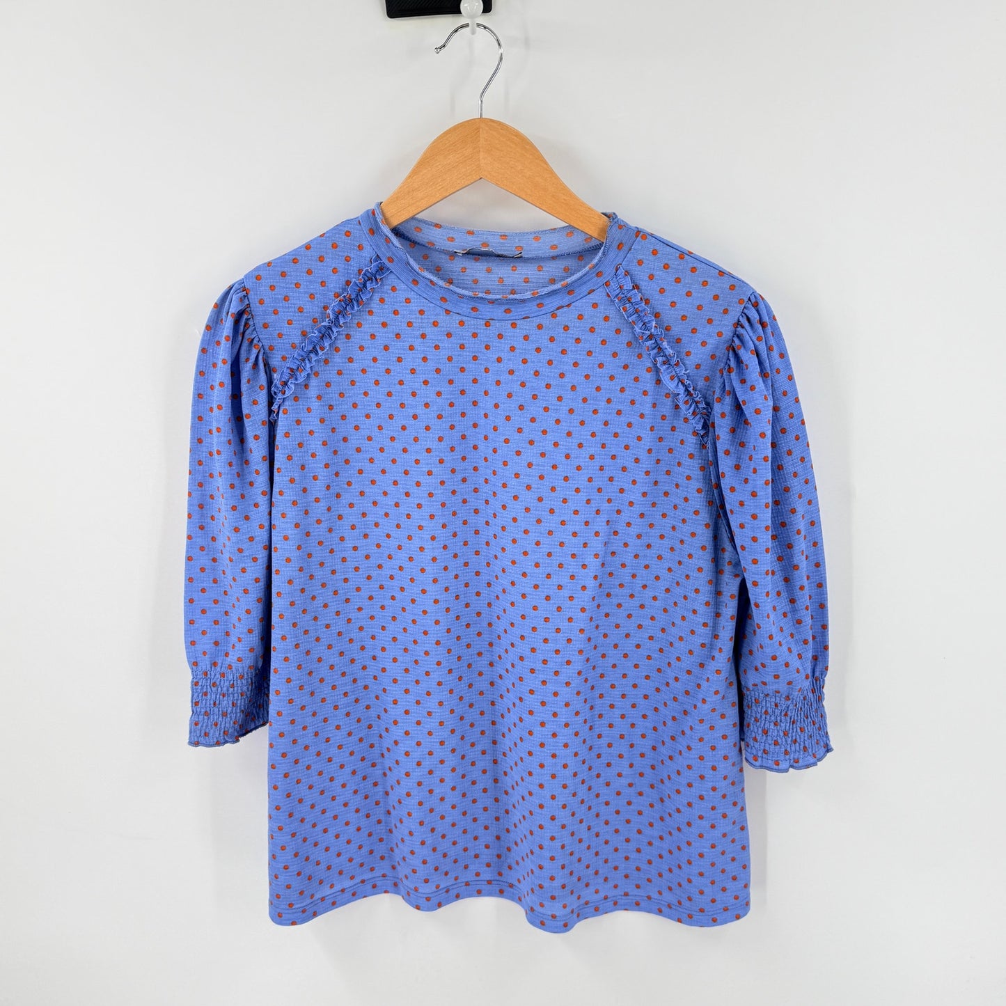 Zara Polka Dot Blouse Blue Red Medium Puff Sleeve Cottage Coastal