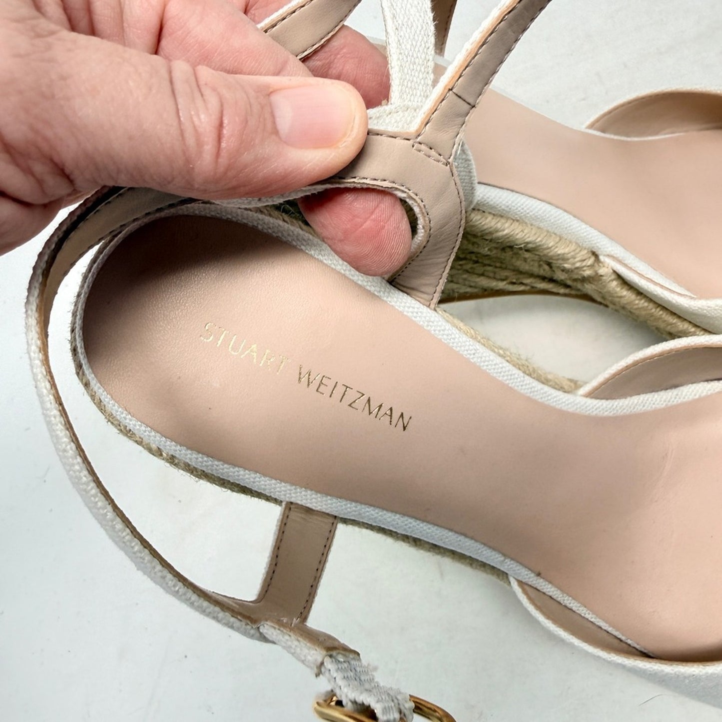 Stuart Weitzman Canvas Espadrille Wedge Ankle Strap Sandals Ivory Heels Size 8