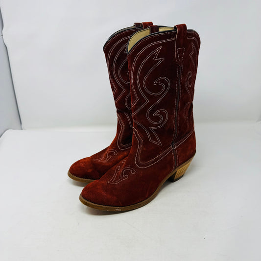 Vintage Western Suede Cowboy Boots Burgundy Stitch Detail Mid Calf Size 10M