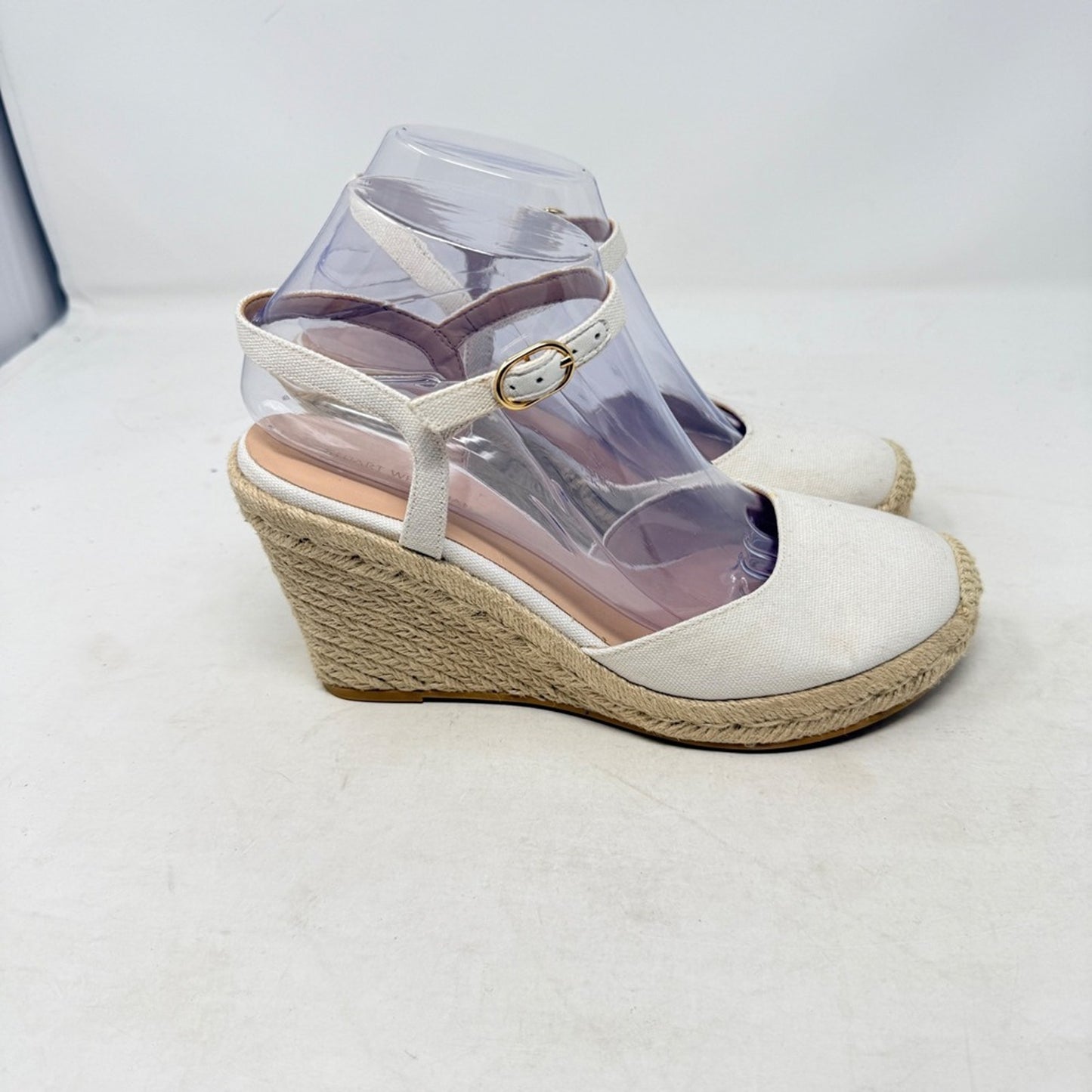 Stuart Weitzman Canvas Espadrille Wedge Ankle Strap Sandals Ivory Heels Size 8