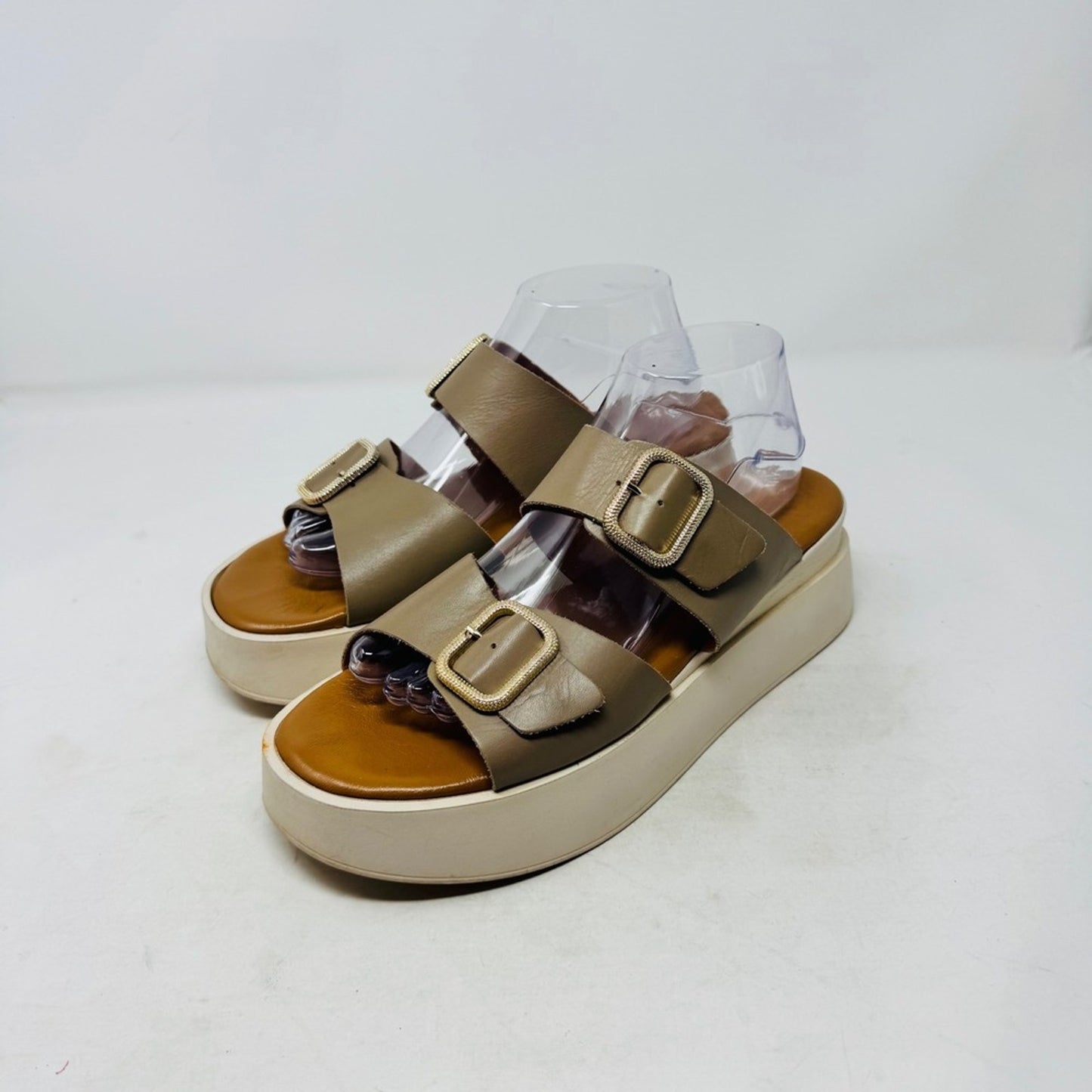 Simona Rossi Leather Platform Slide Sandals Taupe Size 42 Chunky Double Buckle