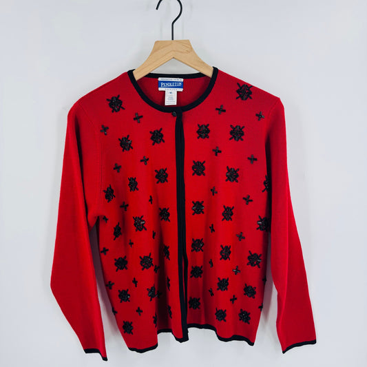 Vintage Pendleton Petite Wool Blend Cardigan Beaded Floral Red Black Made in HK M