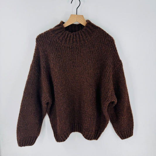 Knit Mix Brown Chunky Knit Oversized Mock Neck Cozy Sweater Size L Goblincore