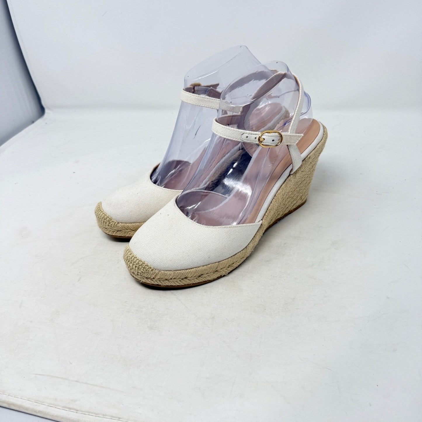 Stuart Weitzman Canvas Espadrille Wedge Ankle Strap Sandals Ivory Heels Size 8