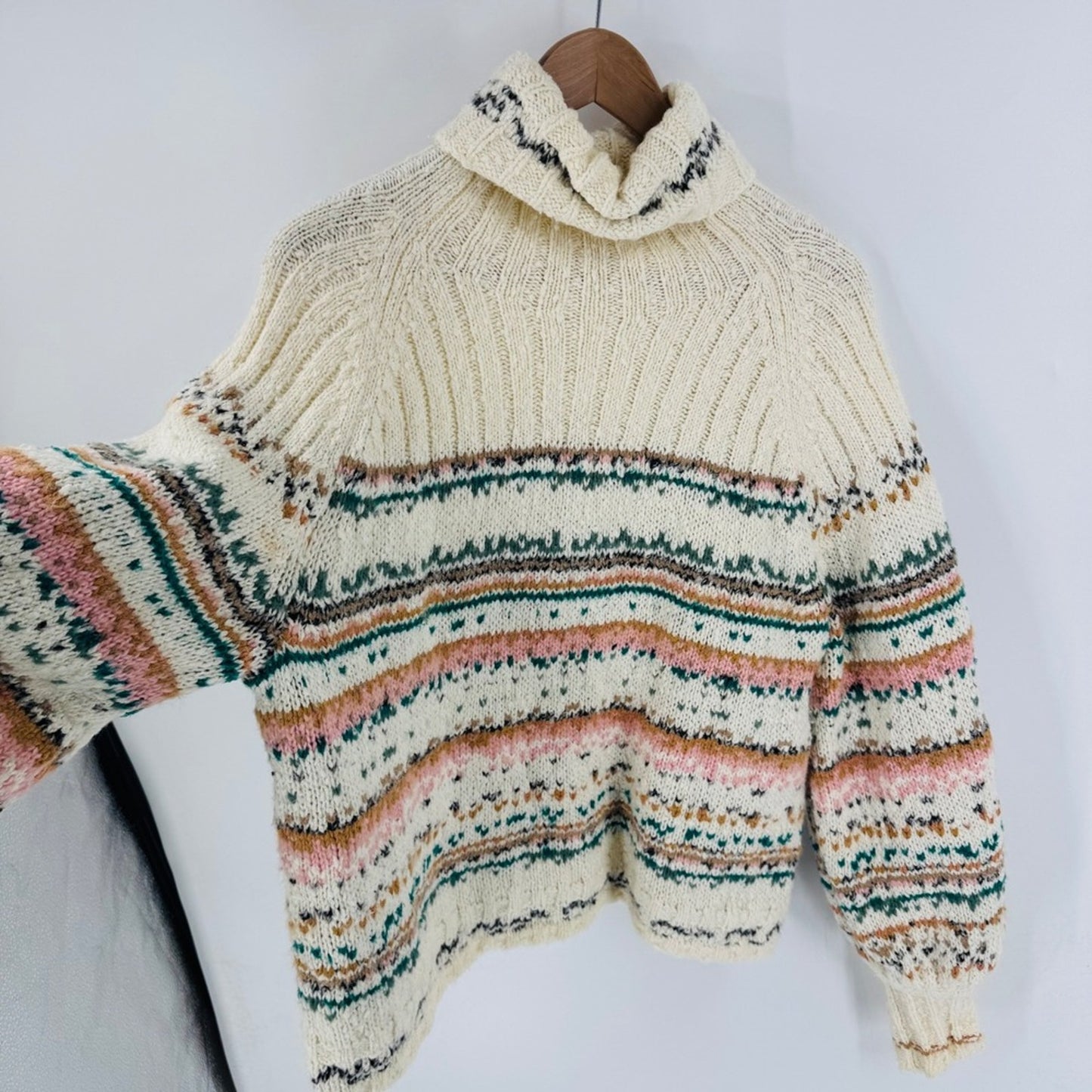 Pilcro Anthropologie Chunky Knit Fair Isle Turtleneck Cream Size L Cozy Cottage
