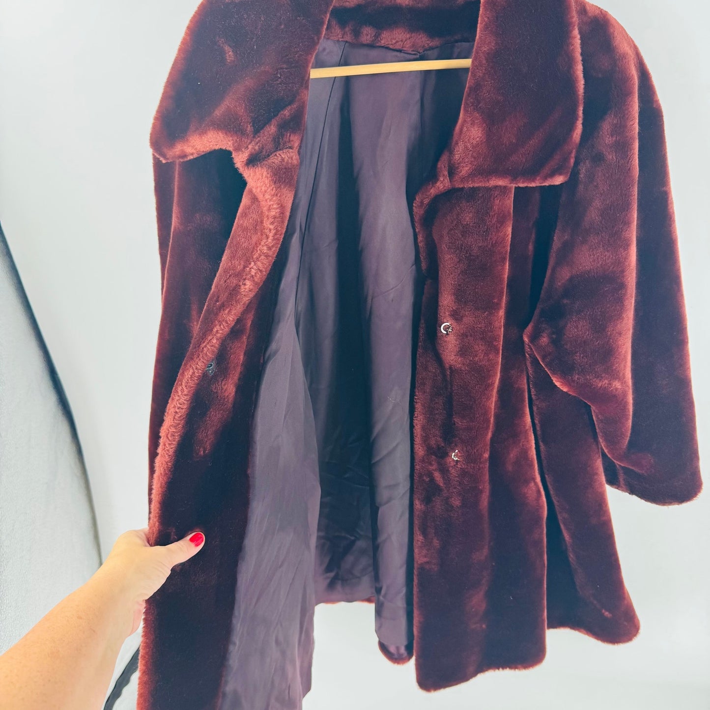 Vintage Foxrun Faux Fur Coat Made in USA Burgundy Plush Winter Jacket Size M