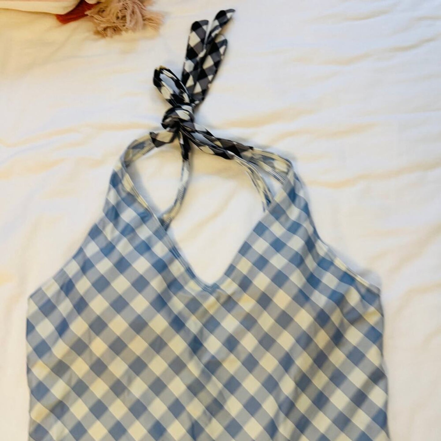 Summersalt Cream Blue Gingham Halter Tie Back One Piece Swimsuit Size 18
