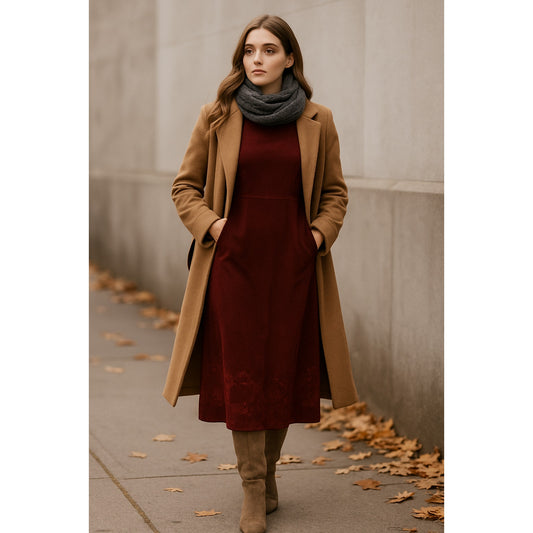 Vintage Petite Casuals Burgundy Faux Suede Embroidered Midi Dress PL Equestrian