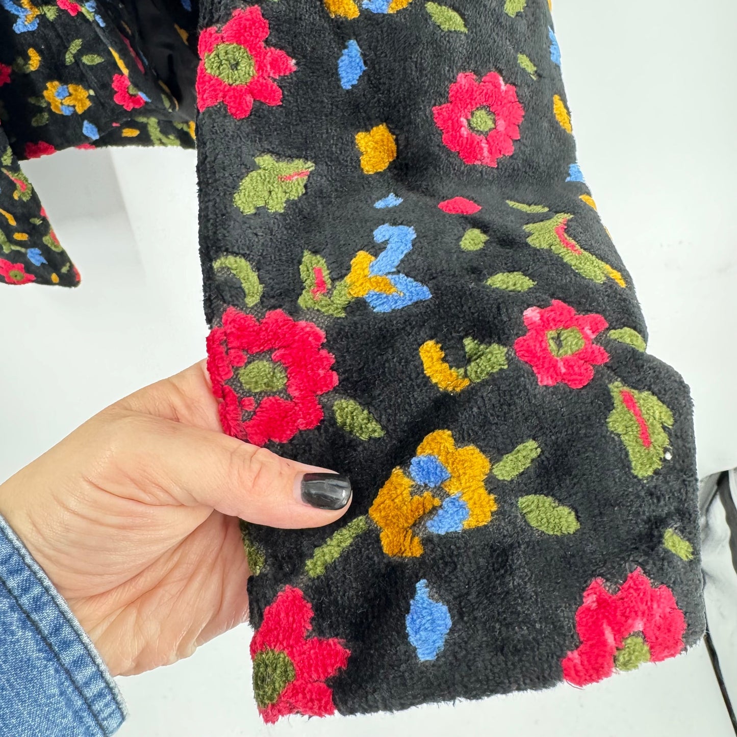 Vintage Ingeborg Black Floral Fuzzy Cropped Jacket Open Front Stand Collar