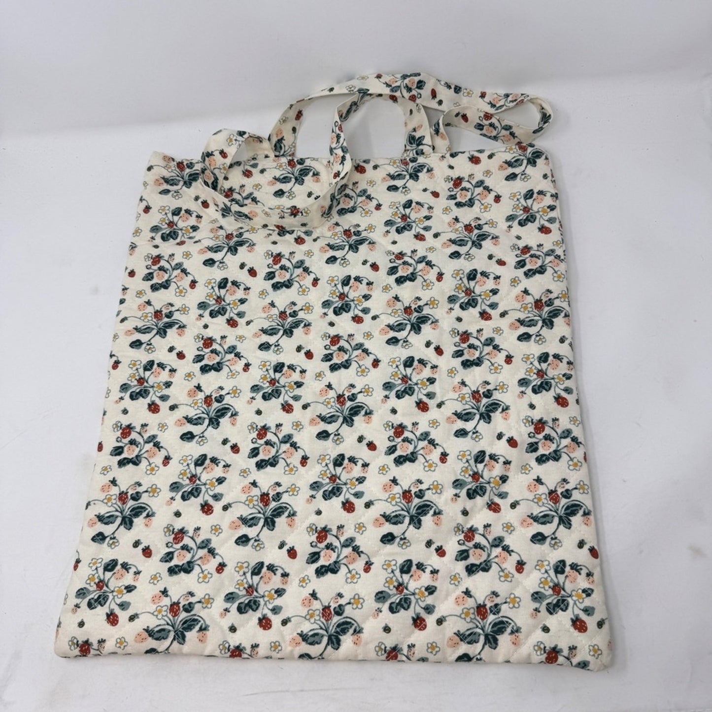 Creative Co-op Strawberry Floral Quilted Cotton Tote Bag Cream Red Green
