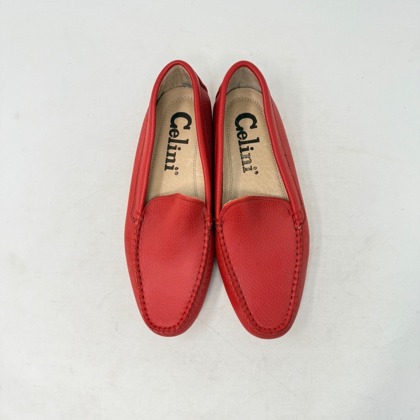 Celini Red Pebbled Leather Driving Loafers Slip On Moc Toe Shoes EU 37.5