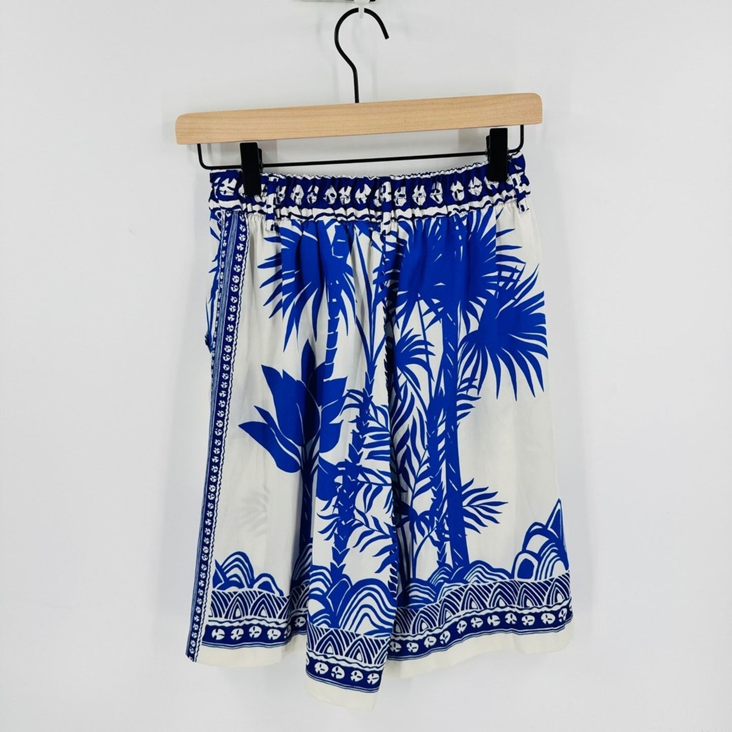 Zara Tropical Palm Print Shorts Blue White XS High Waist Coastal Resorwear NWT