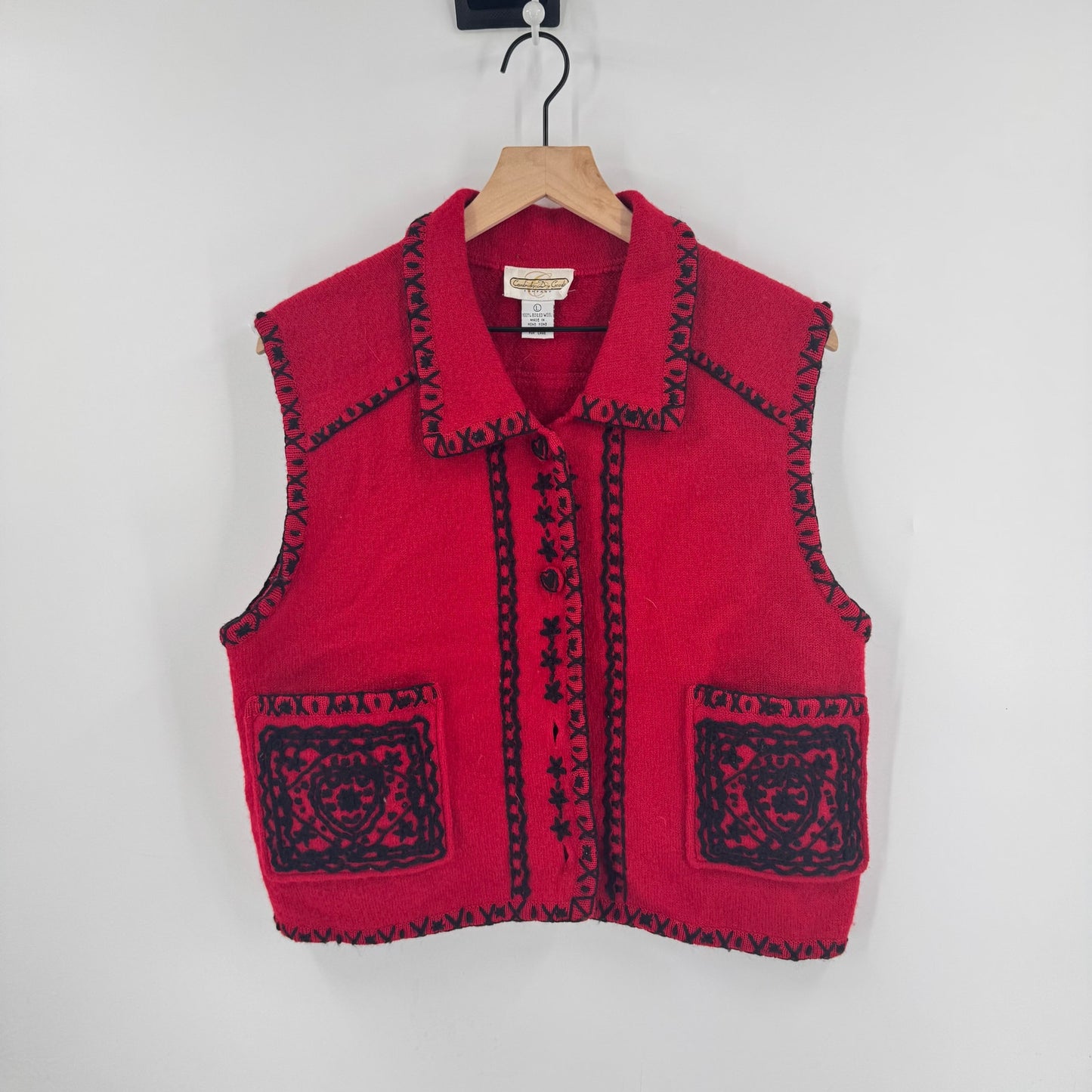 Vintage Cambridge Dry Goods Red Boiled Wool Vest Embroidered Trim Size Large