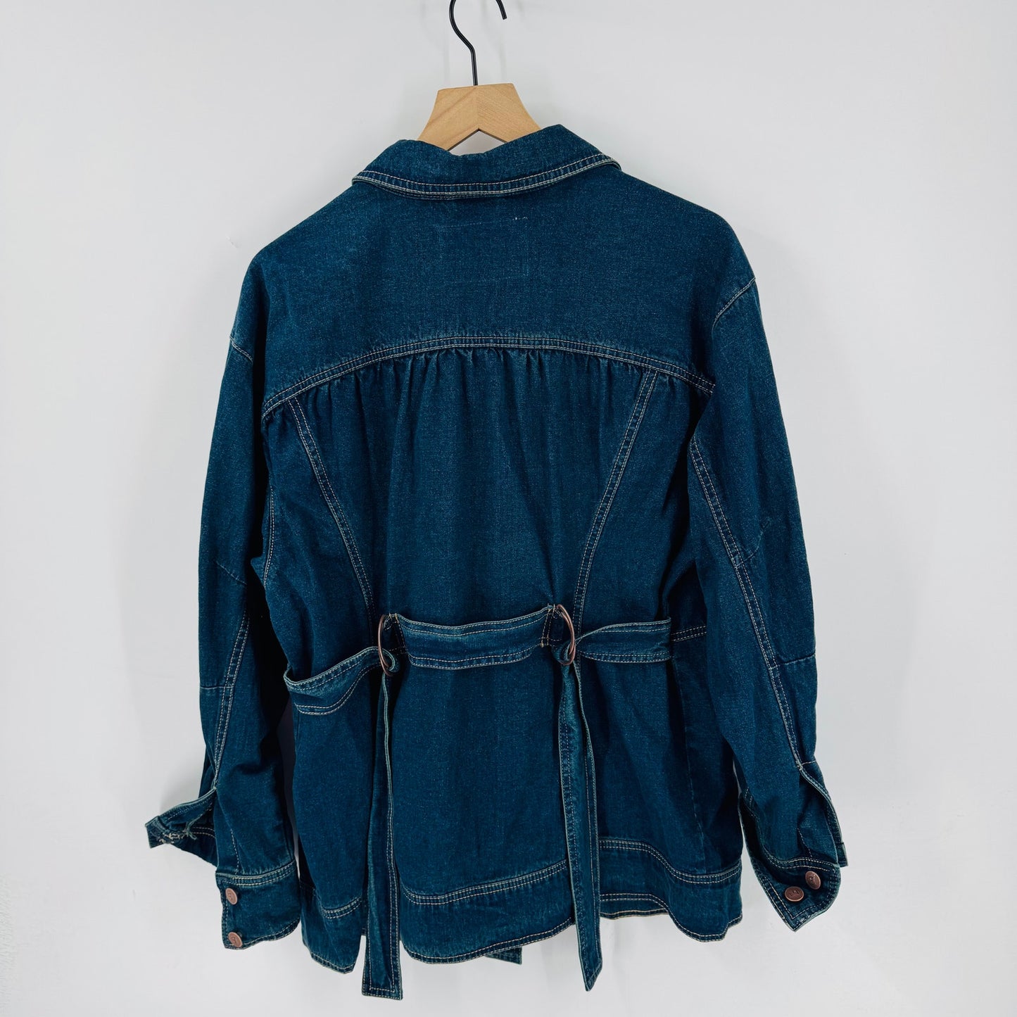 Pilcro Longline Denim Jacket Belted Waist Dark Blue Cotton Linen Blend Size L