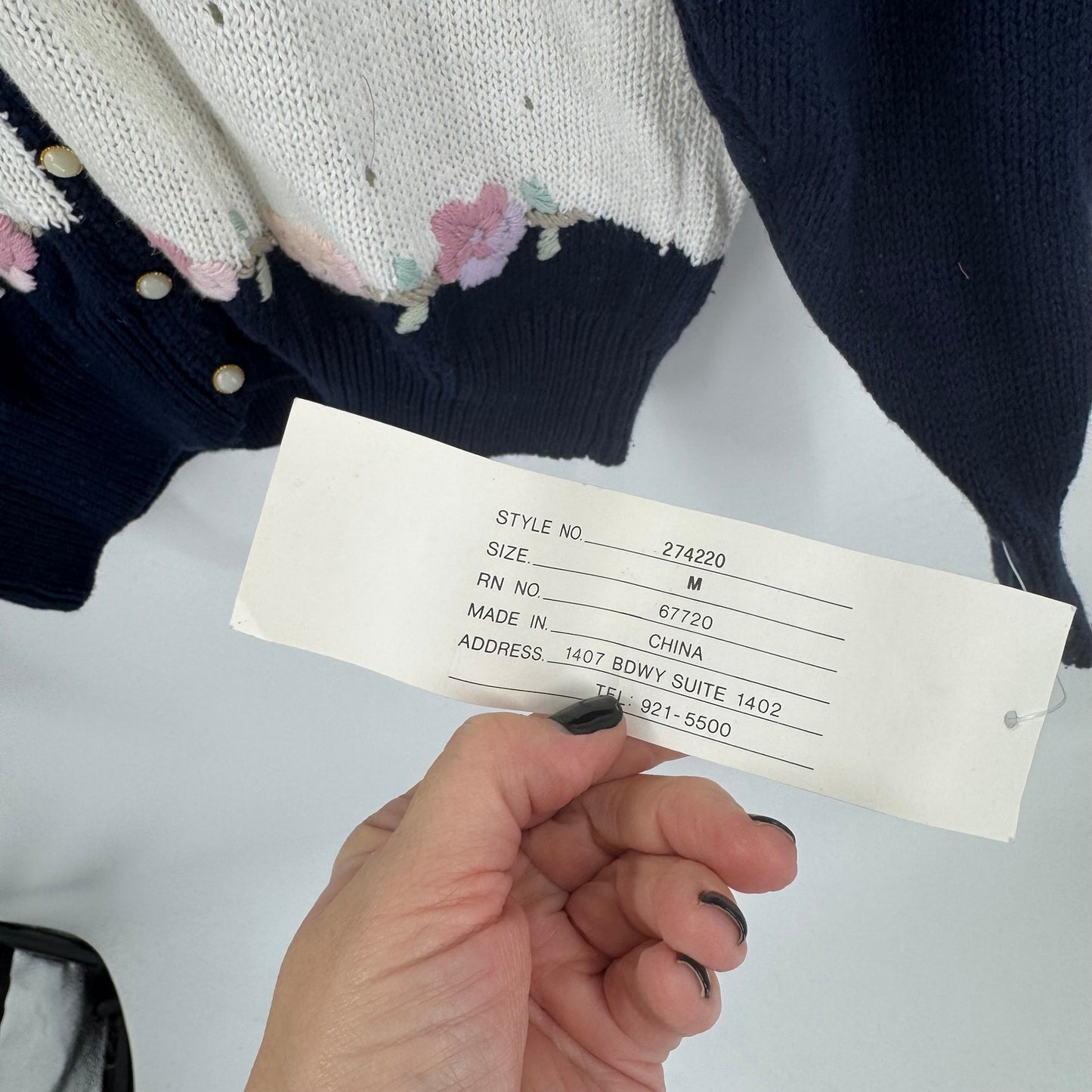 Vintage Floral Embroidered Cardigan Navy & Cream Deadstock Women’s L Cottage