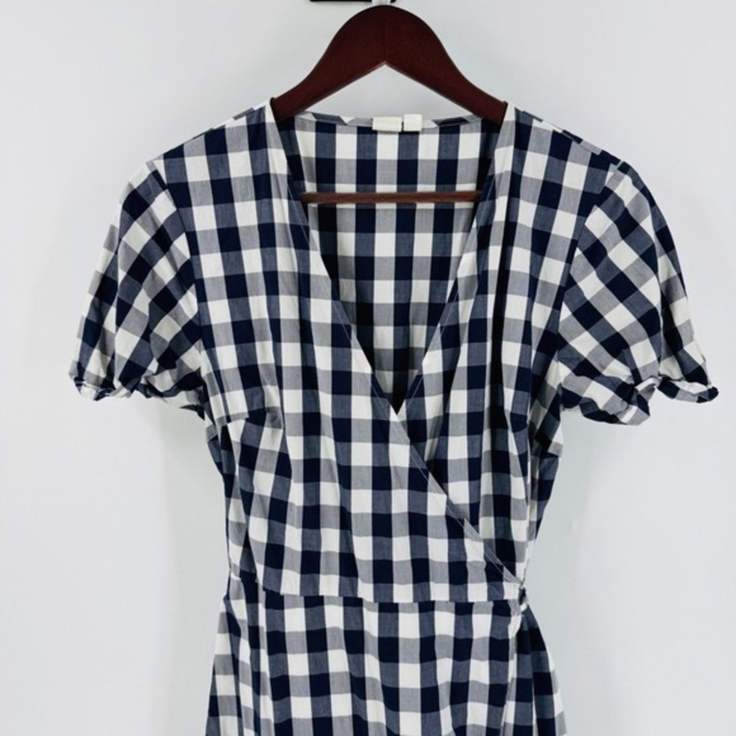 GAP Gingham Wrap Midi Dress Ruffle Hem Cotton Navy Blue White Gingham‎ Size M